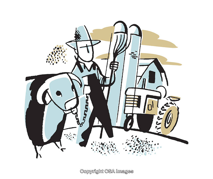Colorful Illustration of a Farmer with Livestock and Farm Equipment