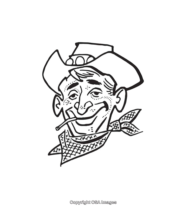 Vintage Black and White Cowboy Line Art Illustration With Smoking Detail