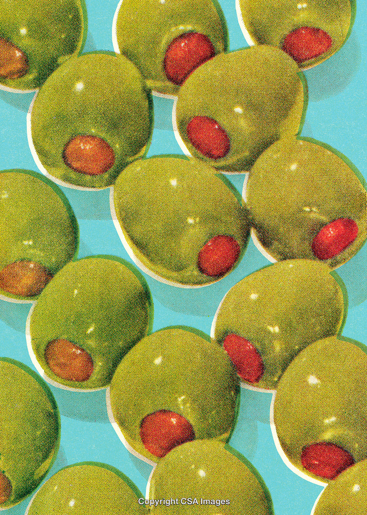 Retro Pop Art Green Olives with Pimento on Vibrant Background