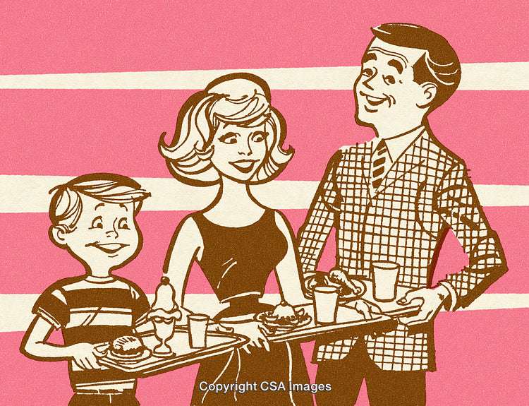 Smiling Family Enjoying Delicious Meals Together in Retro Illustration Style