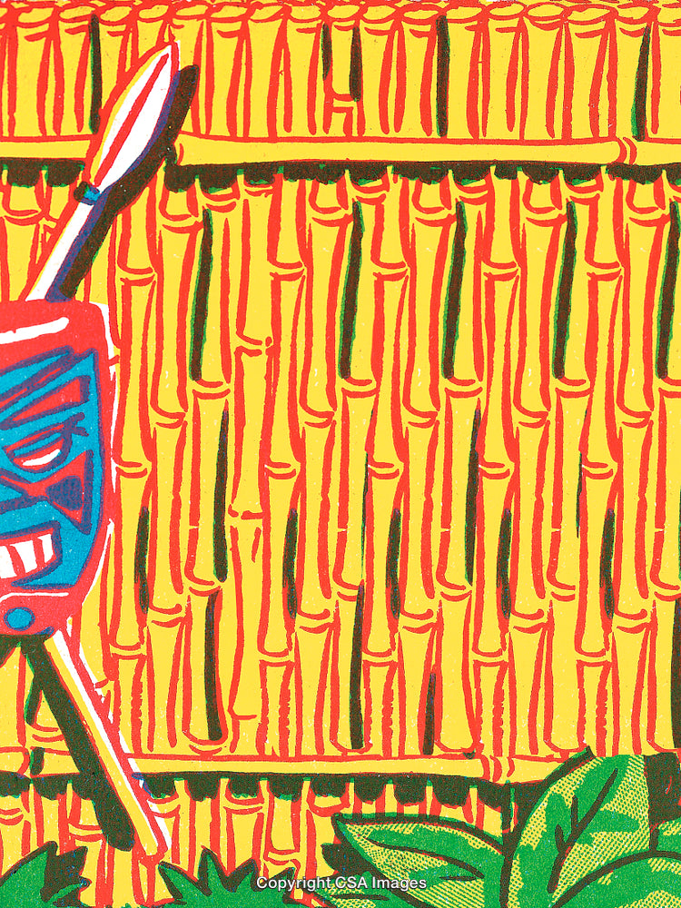 Vibrant Colorful Illustration Featuring Bamboo Fence and Tiki Mask Detail