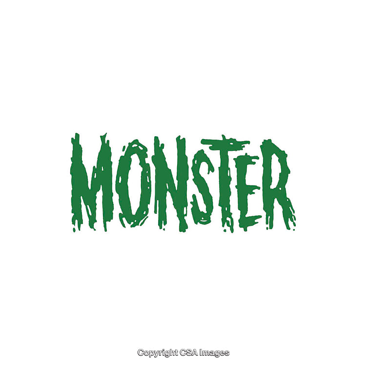 Green Text Display of the Word Monster on White Background