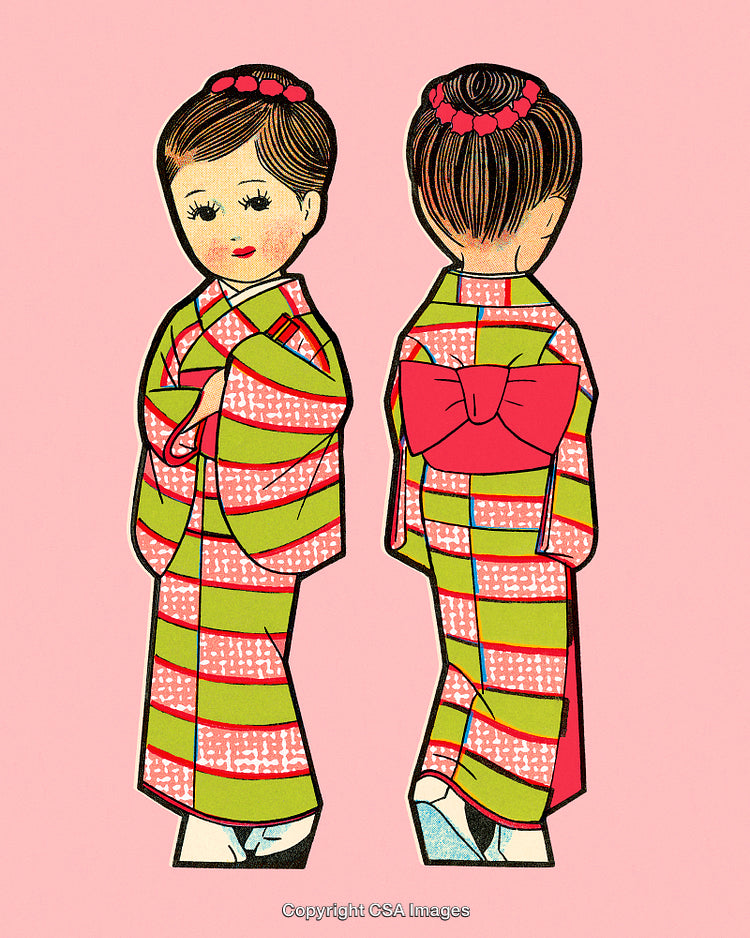 Vintage Illustration of Two Girls in Traditional Japanese Kimonos