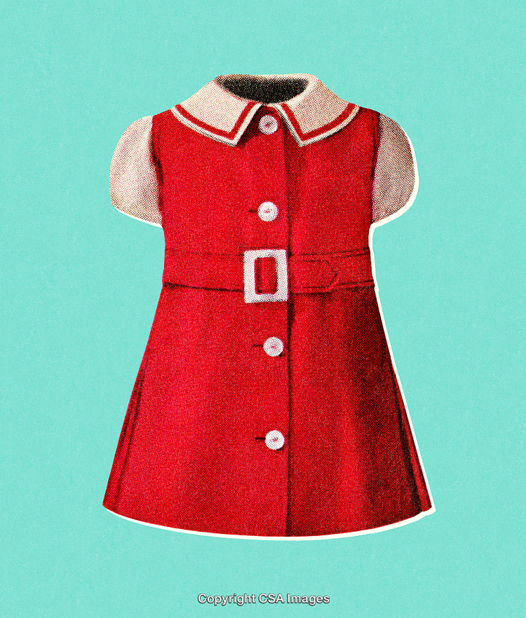 Retro Red Dress with Button Details on Textured Pastel Background