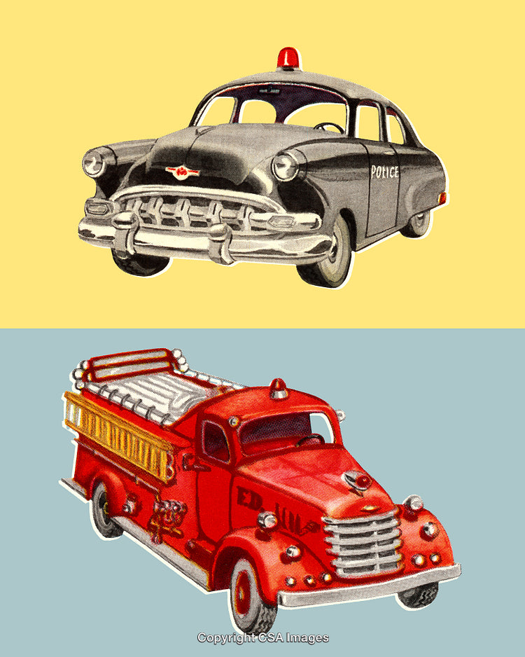 Vintage Police Car and Fire Truck Illustrations on Colorful Backgrounds