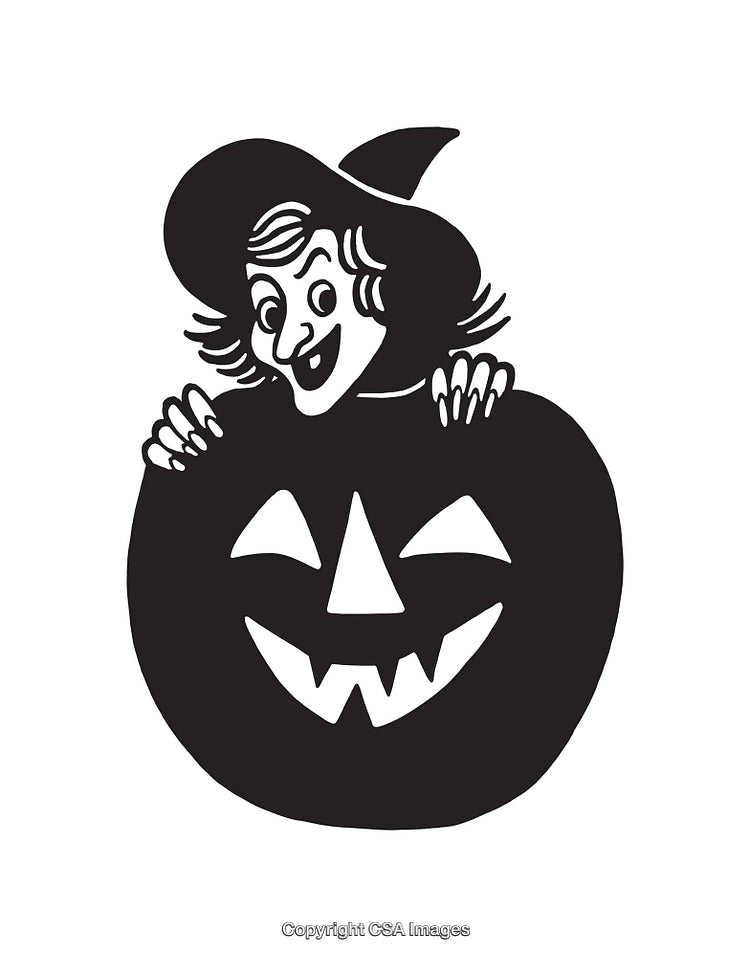 Black and White Illustration of a Witch With a Jack-O'-Lantern