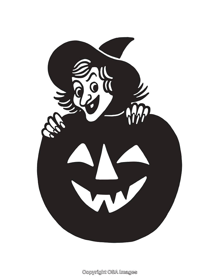 Black and White Illustration of a Witch With a Jack-O'-Lantern