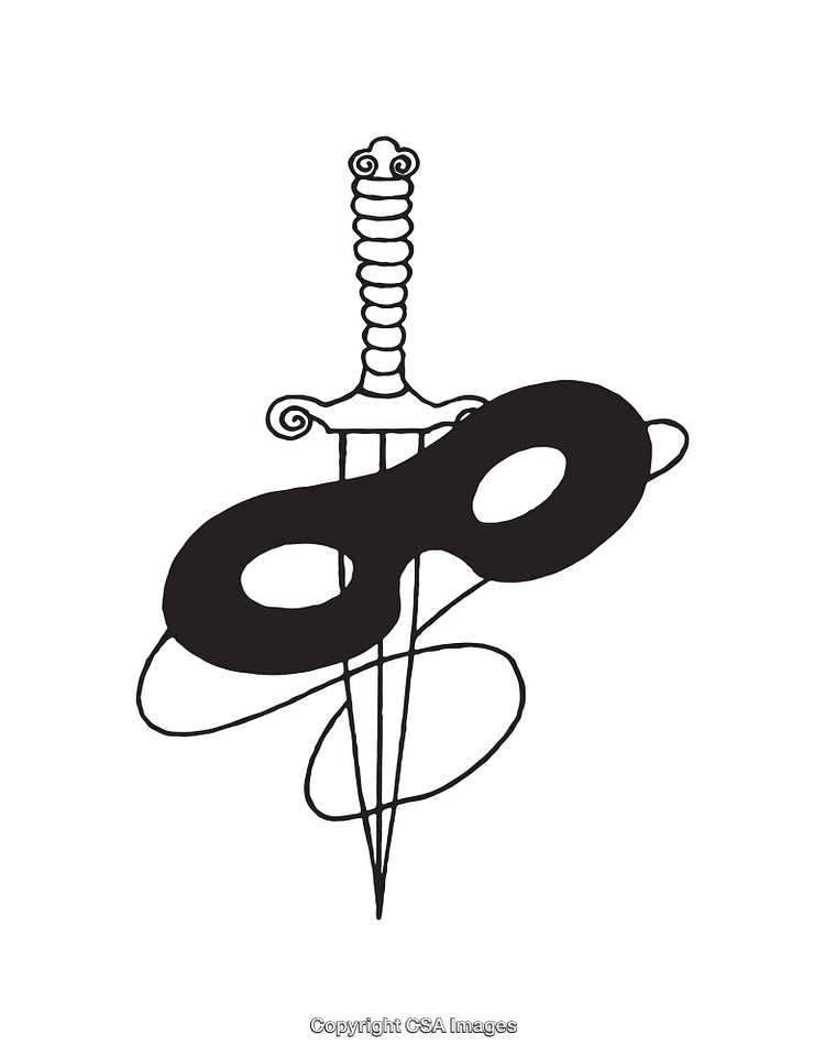 Black and White Illustration of a Mask with a Sword