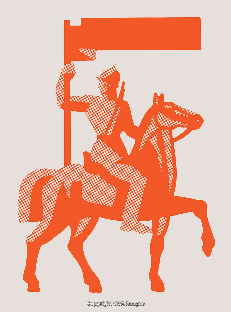 Orange Knight on Horseback Holding a Banner in Line Art Style