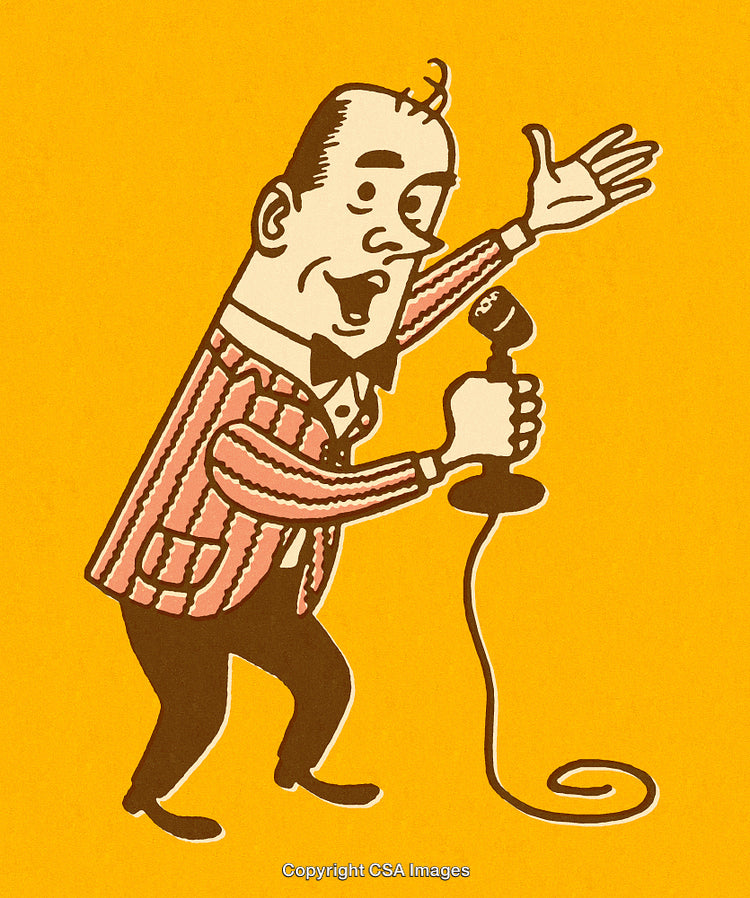 Vintage Entertainer Illustration with Retro Microphone on Bright Yellow Background