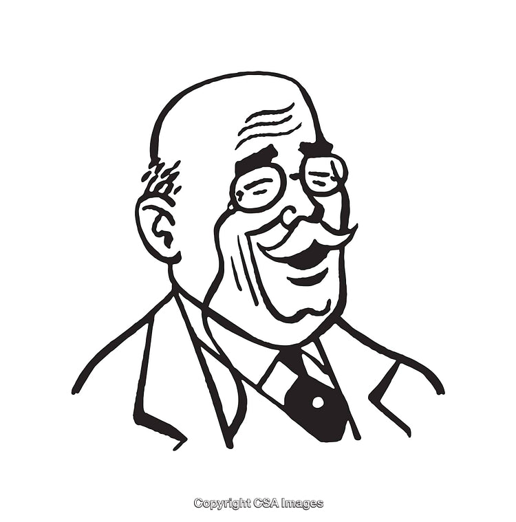 Black and White Line Art Illustration of a Cheerful Elderly Man