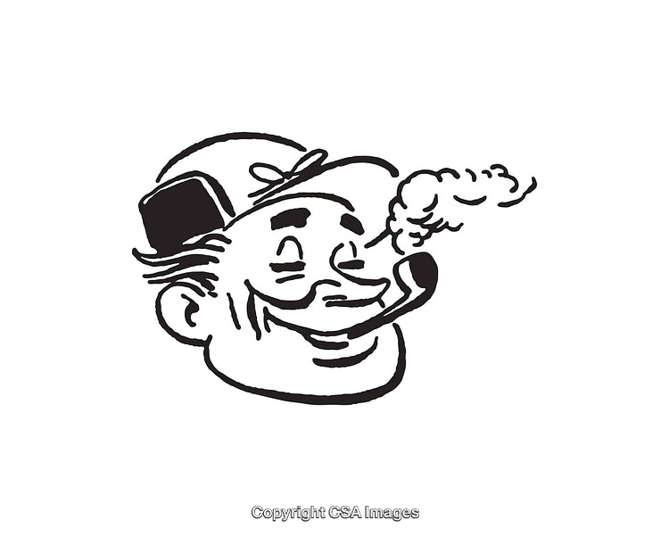 Retro Line Art of a Smiling Man Smoking a Pipe