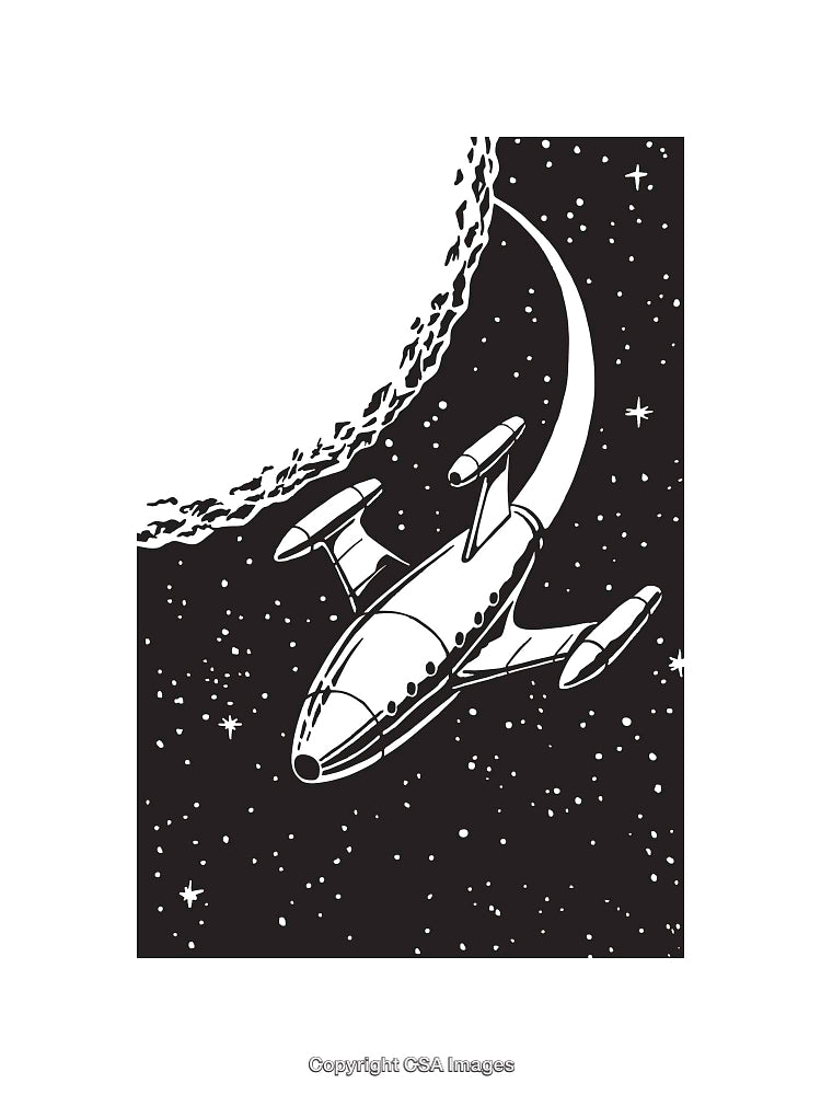 Black and White Illustration of a Spaceship Traveling Through Cosmic Space