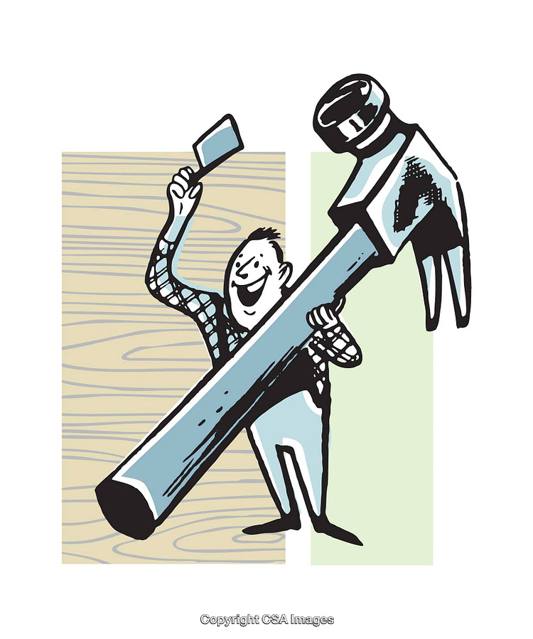 Cheerful Cartoon Carpenter Holding a Giant Hammer and Wooden Plank
