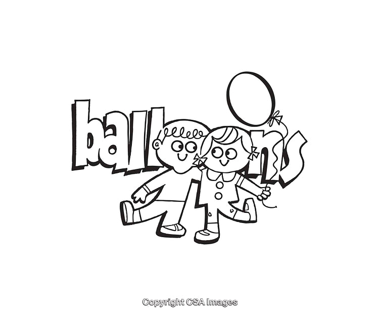 Black and White Line Art of Children with Balloon Illustration