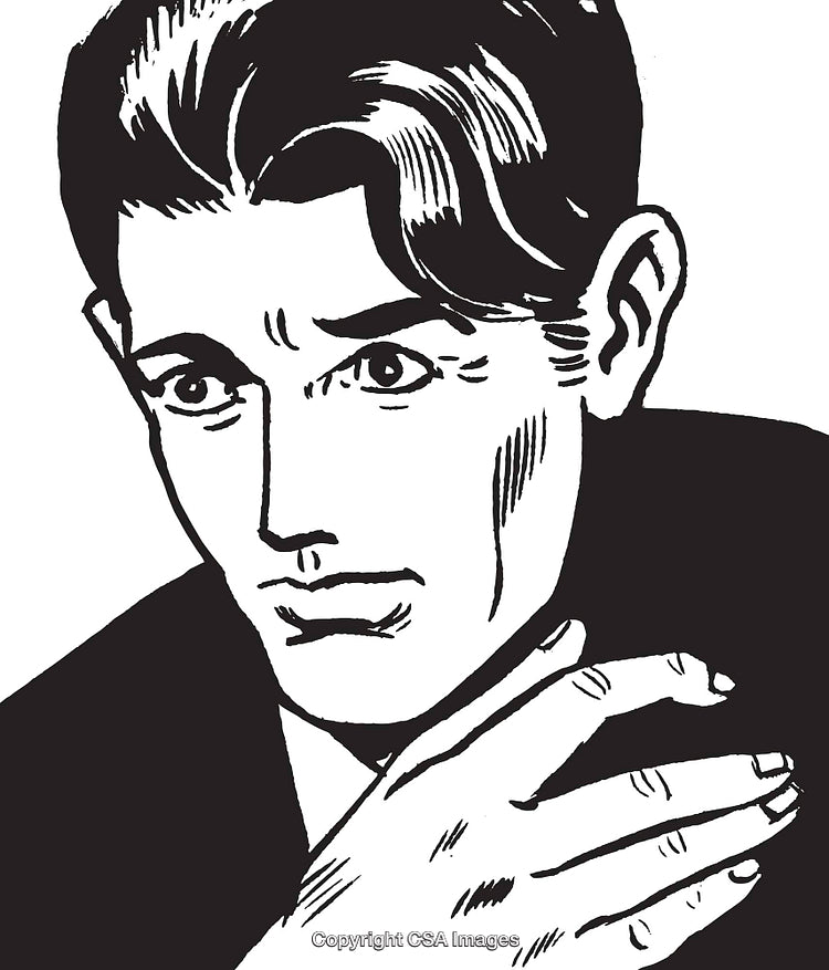 Monochrome Illustration of a Thoughtful Man Pondering in a Retro Art Style