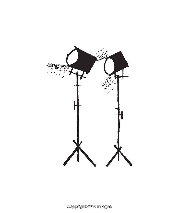 Minimalist Black and White Line Art Illustration of Studio Spotlights