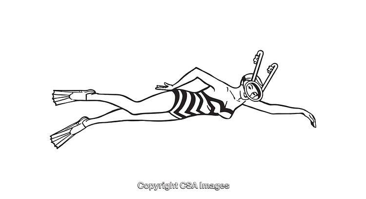 Stylized Line Art of Diver Swimming with Snorkeling Gear and Flippers
