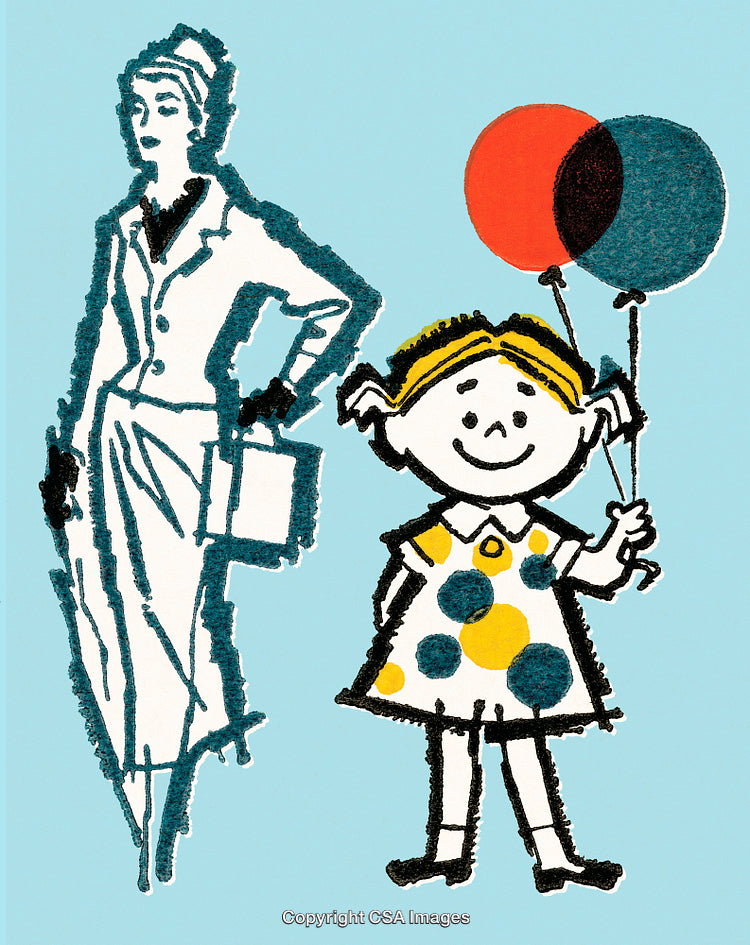 Vintage Illustration of Stylish Lady and Happy Girl with Balloons