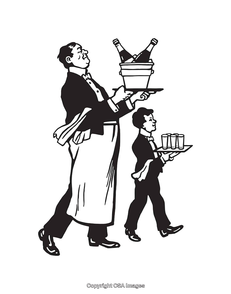 Black and White Line Art Illustration of Waiters Serving Drinks