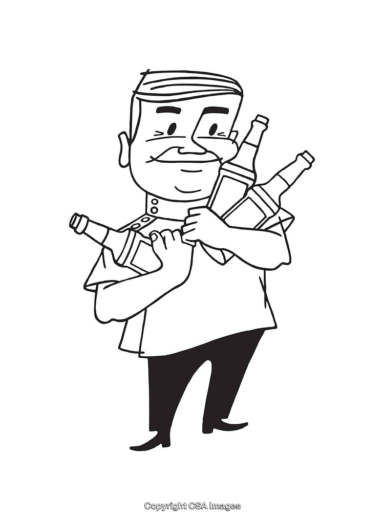 Line Art of Smiling Man Holding Bottles in Hands