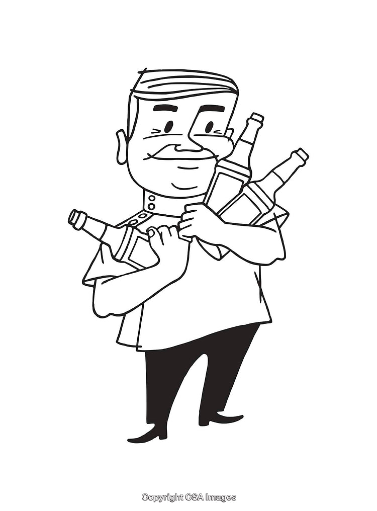 Line Art of Smiling Man Holding Bottles in Hands