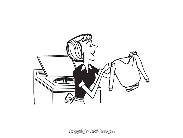 Black and White Illustration of a Woman at a Washing Machine