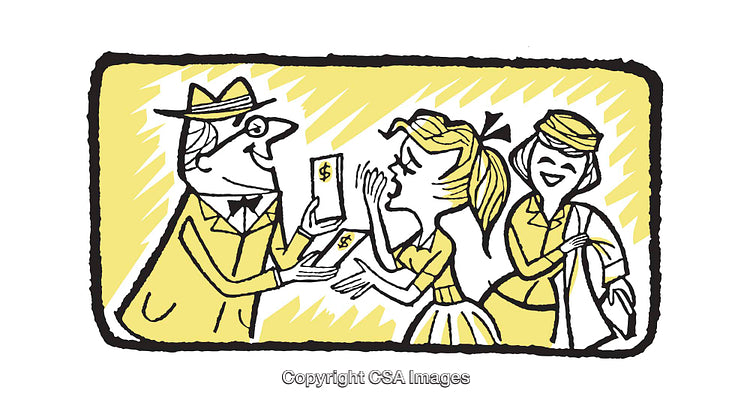 Retro Illustration of Characters in Financial Transaction Scene
