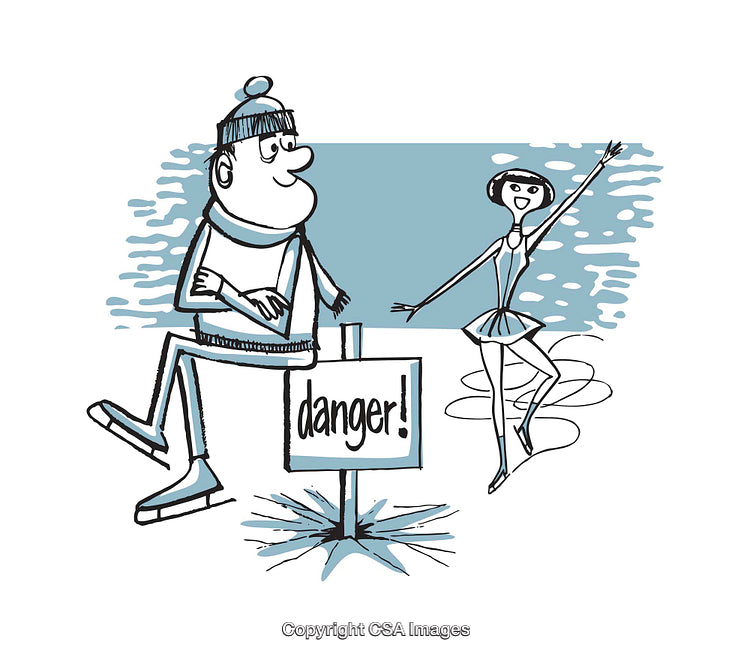 Playful Illustration of a Dancer on Ice with a Danger Sign