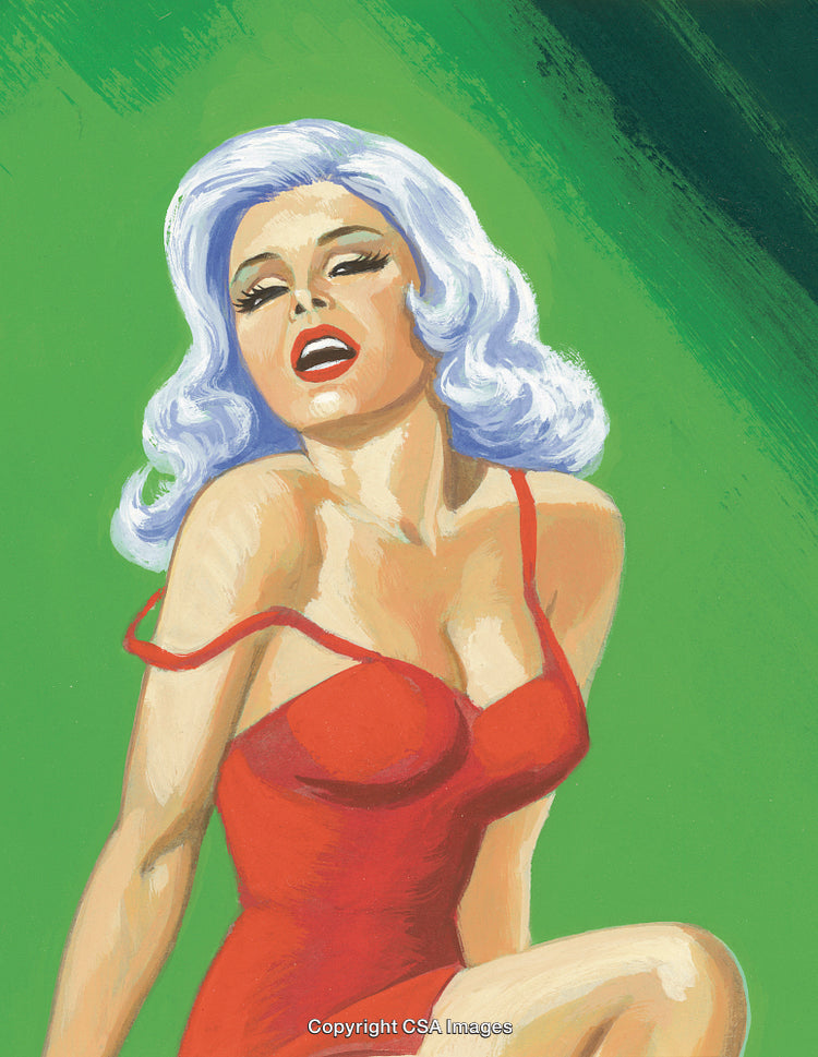 Vintage Illustrated Woman in Red Dress with Green Background in Pin-Up Style