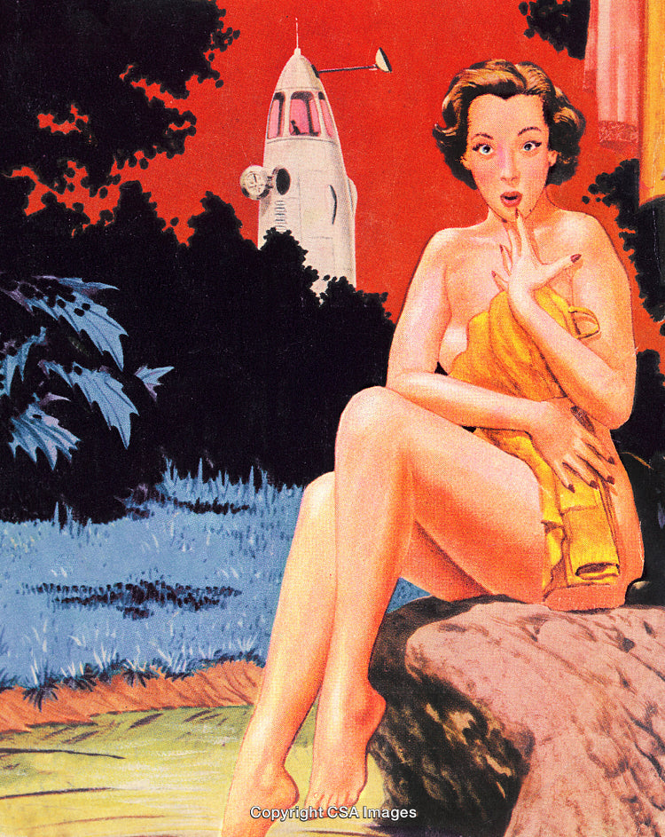 Retro Illustration of a Surprised Woman with Spaceship in the Background