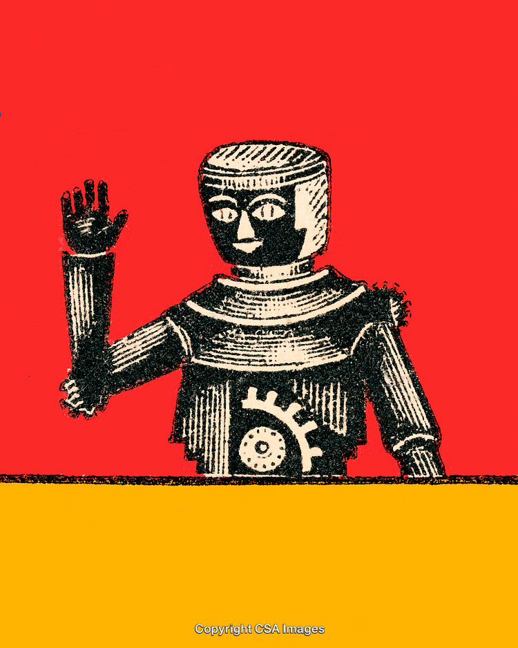 Vintage Styled Robot Illustration with Bold Red and Yellow Background