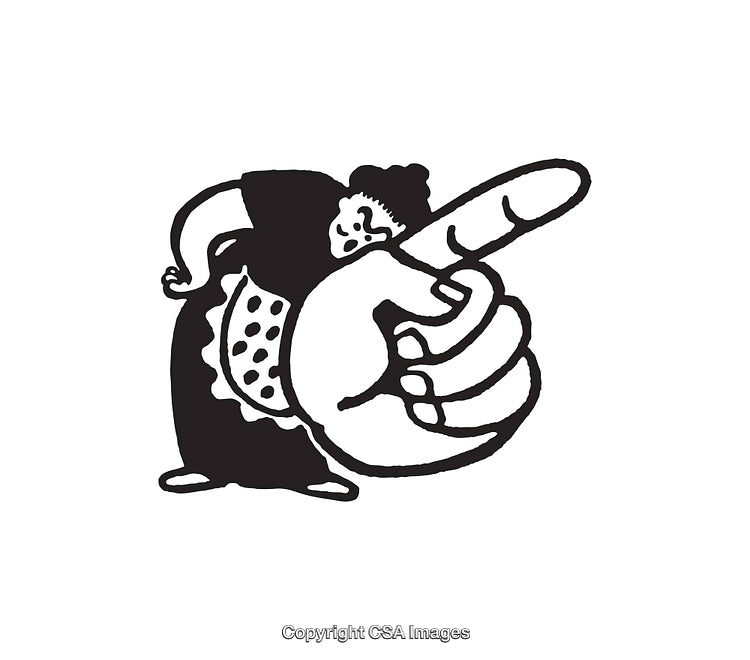 Black and White Illustration of Pointing Hand and Woman in Apron