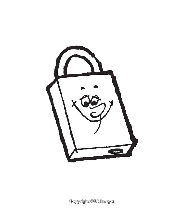 Black and White Line Art of a Cheerful Shopping Bag Character
