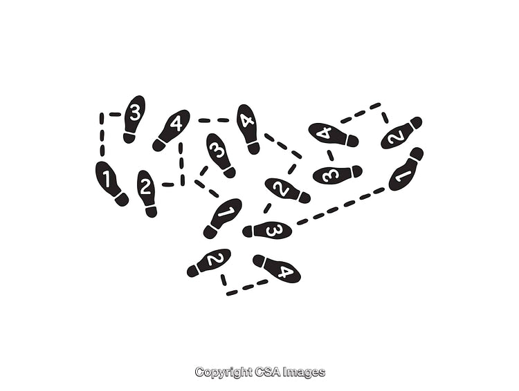 Black and White Dance Step Illustration with Numbered Footprints