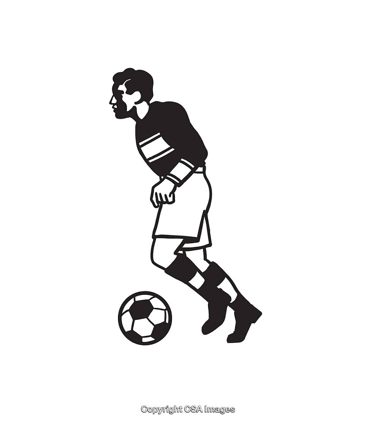 Black and White Illustration of a Soccer Player Dribbling the Ball