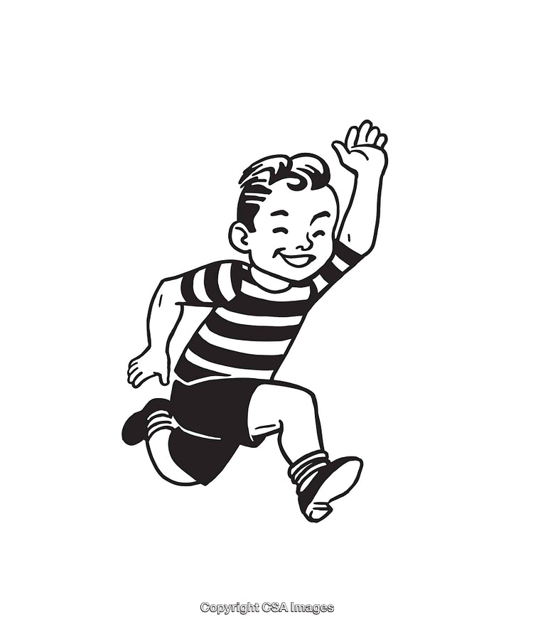 Cheerful Boy Running with Joy in Black and White Line Art