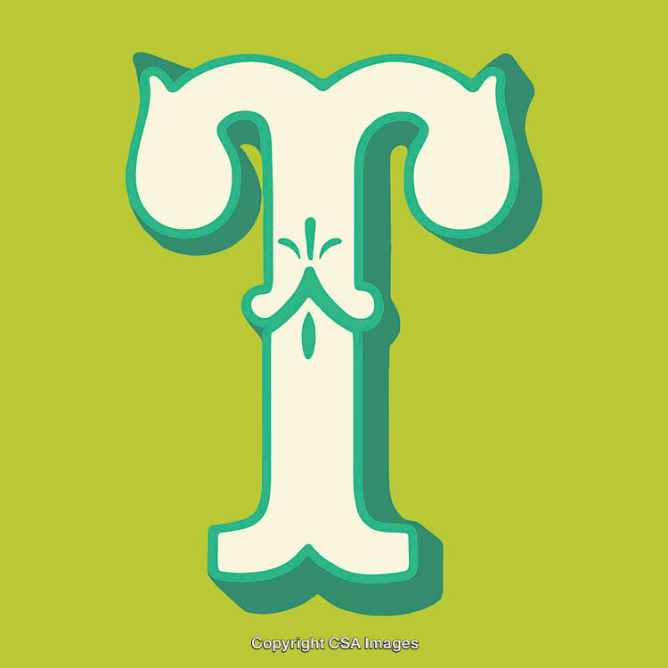 Ornate Decorative Letter T in Retro Artistic Style on Green Background