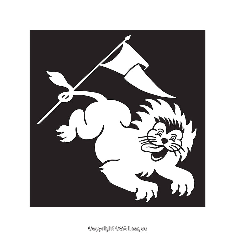 Illustrative Black and White Line Art of Cheerful Lion With Flag