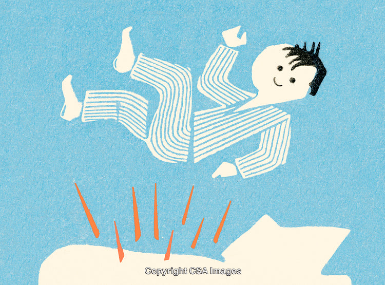 Illustration of Person Joyfully Bouncing on a Soft Bed with Blue Background