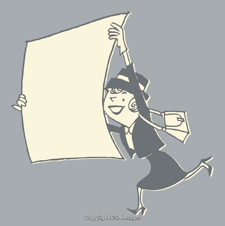 Vintage Style Illustration of a Woman Holding a Large Paper