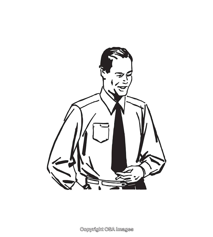 Black and White Line Art Illustration of a Smiling Man in Business Attire