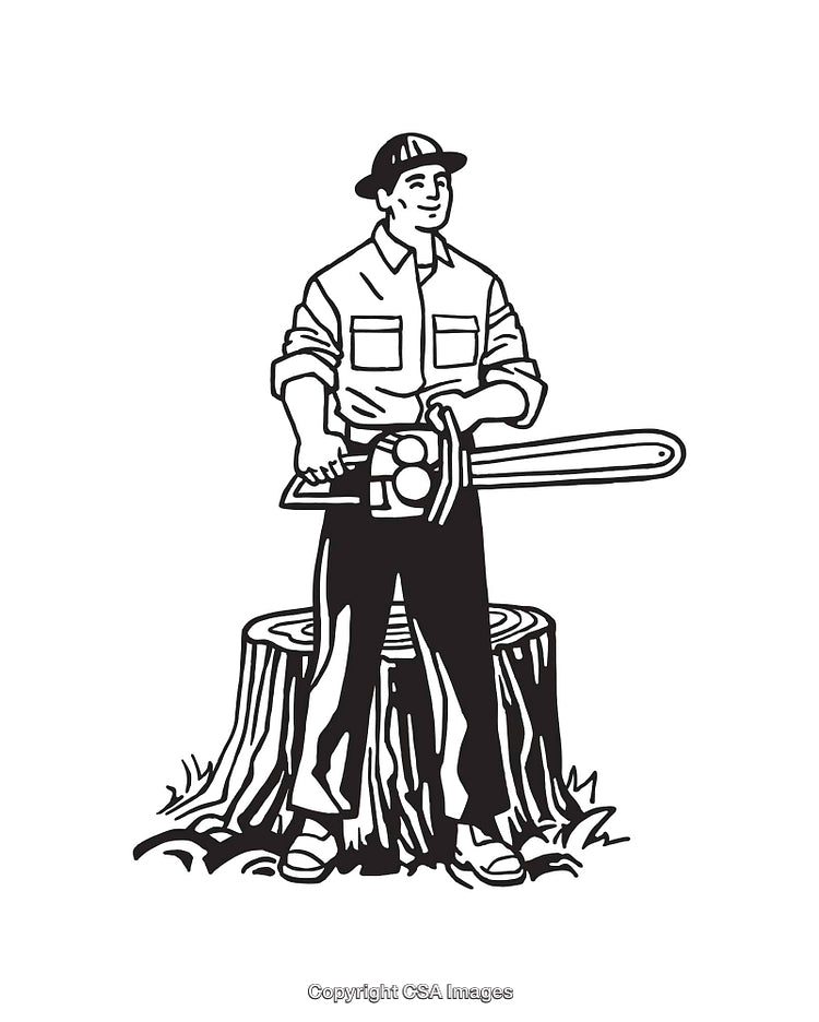 Black and White Line Art of a Lumberjack Holding a Chainsaw