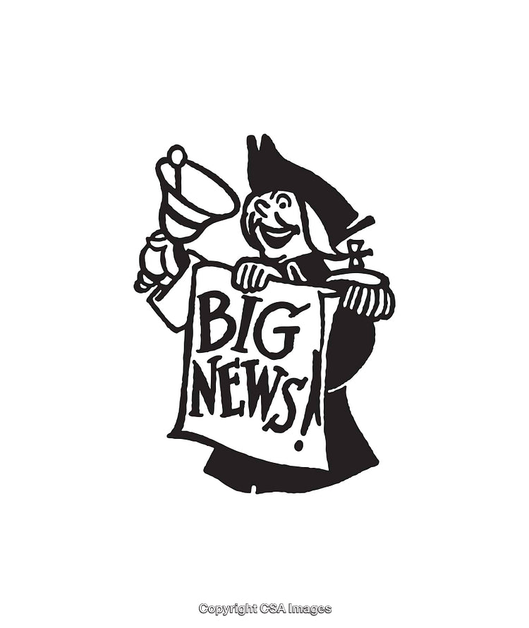 Retro Styled Line Art Depicting a Herald Proclaiming Big News in Black and White