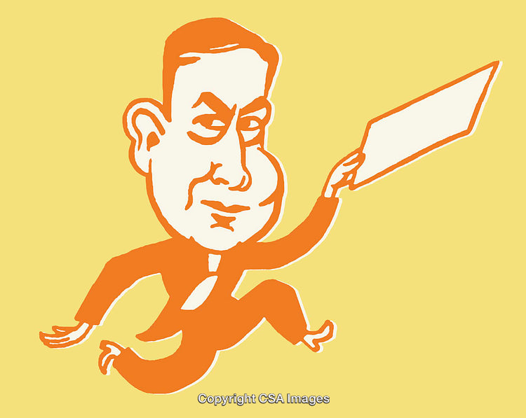 Colorful Cartoon Illustration Featuring a Smiling Businessman in Motion and Holding Paper