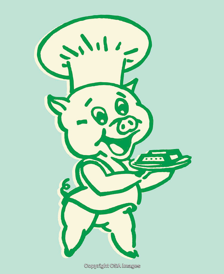 Cute Cartoon Pig Chef Holding a Plate of Food in Green Artwork