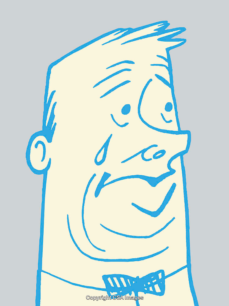 Expressive Line Drawing of a Worried Cartoon Character in Blue Outline