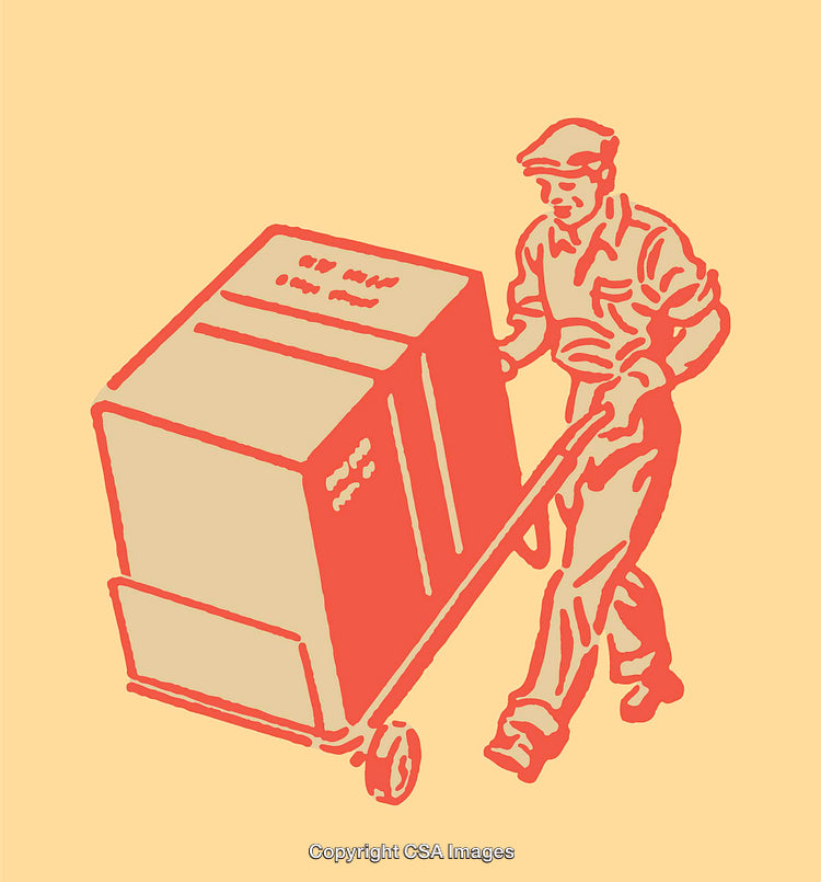 Retro Illustration of Worker with Hand Truck and Box on Yellow Background