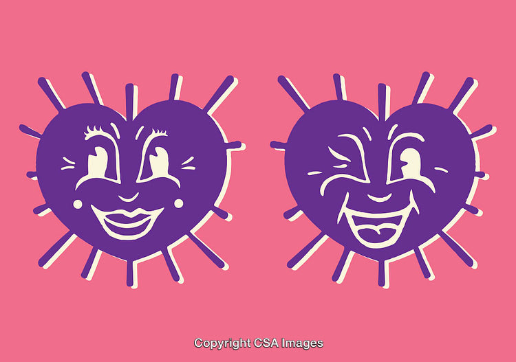 Playful Smiling Heart Faces on Vibrant Pink Background