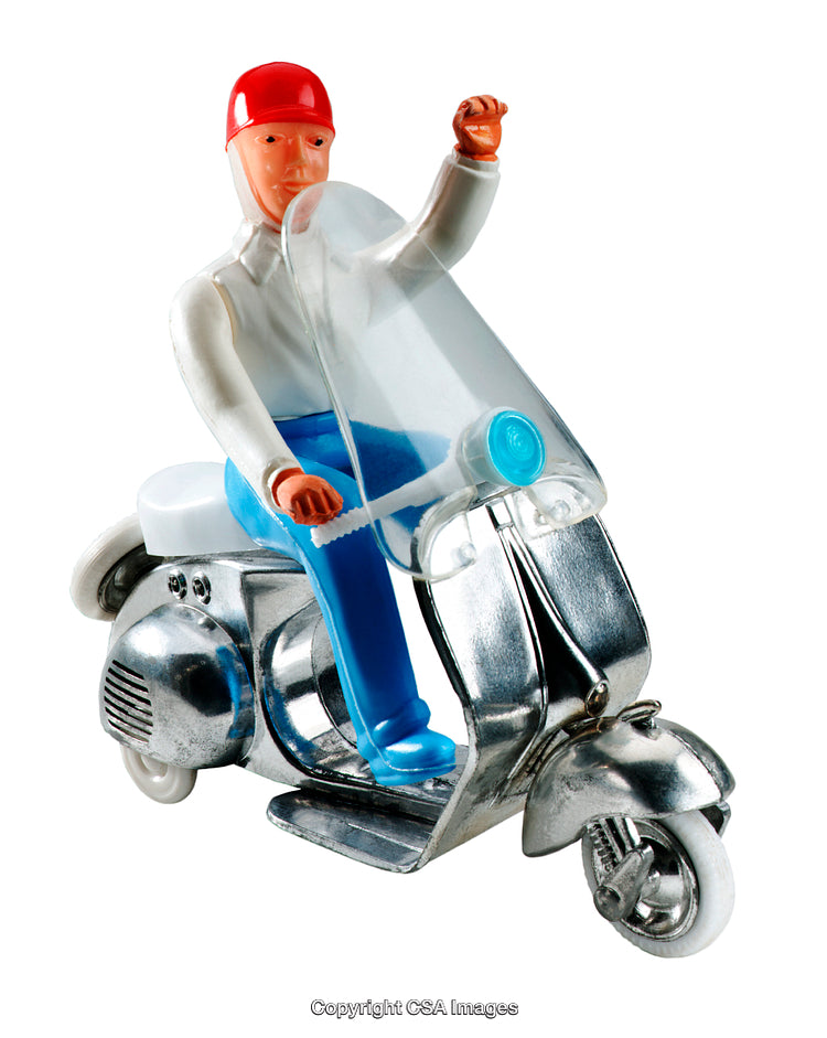 Plastic Figure Riding Classic Scooter with Vibrant Colors and Helmet